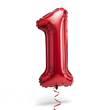 A balloon shaped like the number 1,glossy red metallic finish with realistic reflections and smooth texture.
