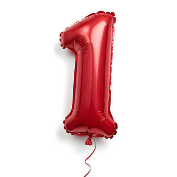 A balloon shaped like the number 1,glossy red metallic finish with realistic reflections and smooth texture.