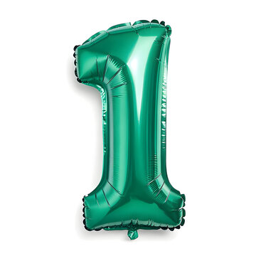 A balloon shaped like the number 1,emerald green metallic finish with realistic reflections and smooth texture.