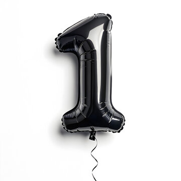 A balloon shaped like the number 1,matte black metallic finish with realistic reflections and smooth texture.