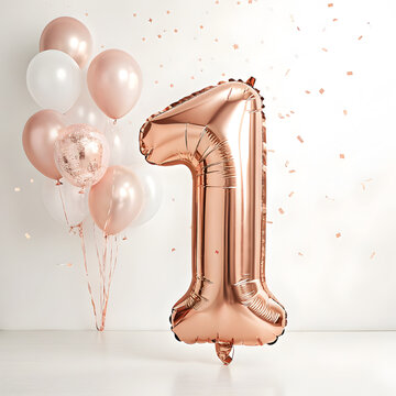 A balloon shaped like the number 1,rose gold metallic finish with realistic reflections and smooth texture.