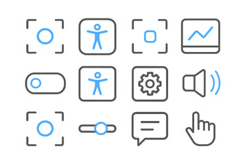 Glowing blue accessibility icons on dark background with technology symbols