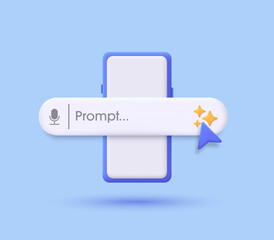 Poster - Search engine bar and smartphone 3D. AI Assistant and Tool. Concept of Artificial Intelligence. Input prompt as commands for search and analysis by AI. Trendy and modern vector in 3d style.