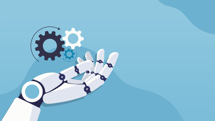 Poster - Robotic hand holding cogwheels. Future cybernetic artificial intelligence, innovation and Machine learning. AI technology. Technical support engineering concept. Vector cartoon illustration.