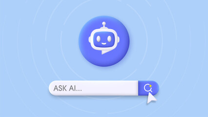 Poster - 3D Search engine bar and Robot. Chatbot and AI Assistant. Concept of Artificial Intelligence. Input prompt as commands for search and analysis by AI. Trendy and modern vector in 3d style.