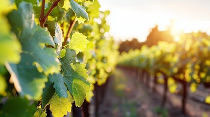 Wall Mural - a grapevine field in early morning light with organized trellises guiding the eye forward, green and vibrant leaves, moist soil beneath each row, soft haze at horizon, fine realistic detail