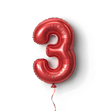 A balloon shaped like the number 3,glossy red metallic finish with realistic reflections and smooth texture.
