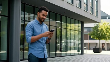 A smiling man in a blue shirt uses his phone outside a modern city building