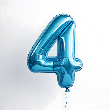 A balloon shaped like the number 4, chrome blue metallic finish with realistic reflections and smooth texture.
