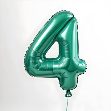 A balloon shaped like the number 4,emerald green metallic finish with realistic reflections and smooth texture.