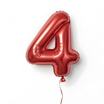 A balloon shaped like the number 4,glossy red metallic finish with realistic reflections and smooth texture.