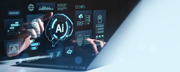 Fototapete - Human hand interacting with AI interface on digital screen in futuristic workspace.