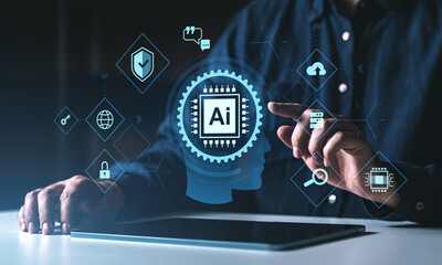 Fototapete - Artificial intelligence automating business processes through futuristic technology interface with digital icons and human interaction on tablet surface.