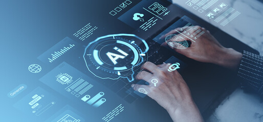 Aufkleber - Hands typing on laptop with futuristic digital interface showcasing AI and data processing technology for automating business processes and innovation.