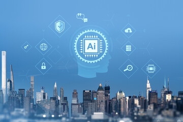 Poster - Artificial intelligence and automation technology icons over New York City skyline symbolizing future business innovation and digital transformation.