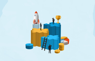 Poster - Business success concept with puzzle platforms, rocket, coins, a