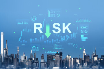 Poster - Risk management and investment analysis concept above New York Manhattan skyline with data graphics and financial indicators on blue background.