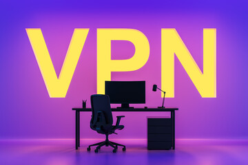 Poster - Workspace with large yellow VPN letters on a glowing purple background representing internet privacy and security concept in digital environments. 3D Rendering