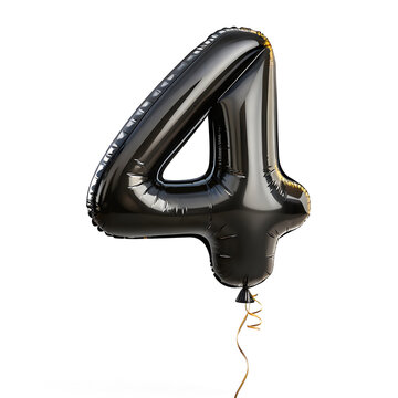A balloon shaped like the number 4,matte black metallic finish with realistic reflections and smooth texture.