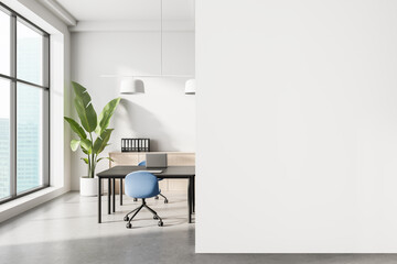 Fototapete - Modern office interior with minimalist design, blue chairs, large windows and green plant beside a white wall in natural light ambiance. 3D Rendering