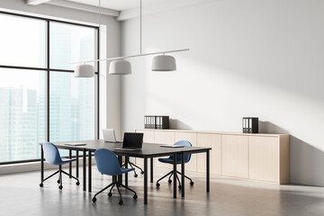 Fototapete - Modern minimalist office interior with large windows and blue chairs in bright workspace setting, featuring clean design and natural lighting. 3D Rendering