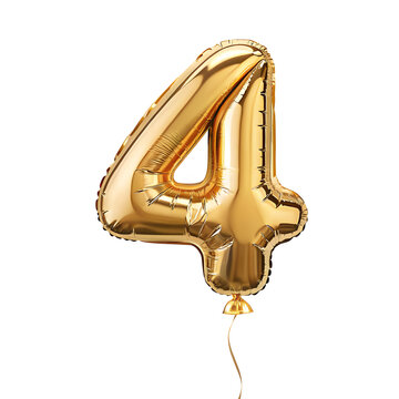 A balloon shaped like the number 4,gold metallic finish with realistic reflections and smooth texture.