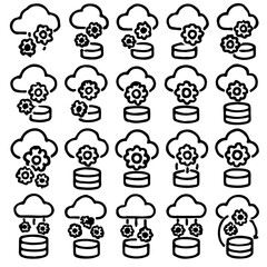 Poster - Cloud computing and database icons arranged in an array. The image shows many cloud icons with gears and database symbol