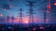 © Chromatic Pulse - Electric power towers at sunset over cityscape