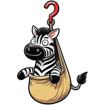 hand drawn cartoon illustration of a zebra. The zebra has a funny expression. It is sitting in a hanging bag (like a sling or a carrier) that is hooked up by a red hook. 
