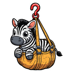 Fototapete - hand drawn cartoon illustration of a zebra. The zebra has a funny expression. It is sitting in a hanging bag (like a sling or a carrier) that is hooked up by a red hook. 
