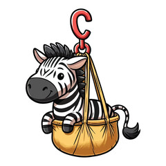 Fototapete - hand drawn cartoon illustration of a zebra. The zebra has a funny expression. It is sitting in a hanging bag (like a sling or a carrier) that is hooked up by a red hook. 
