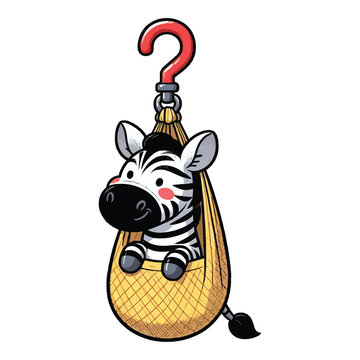 hand drawn cartoon illustration of a zebra. The zebra has a funny expression. It is sitting in a hanging bag (like a sling or a carrier) that is hooked up by a red hook. 
