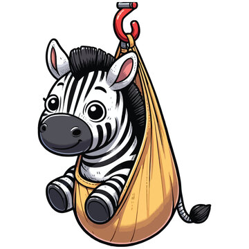 hand drawn cartoon illustration of a zebra. The zebra has a funny expression. It is sitting in a hanging bag (like a sling or a carrier) that is hooked up by a red hook. 
