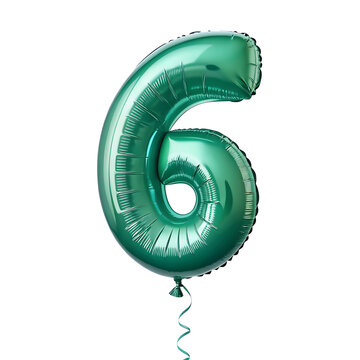A balloon shaped like the number 6,emerald green metallic finish with realistic reflections and smooth texture.