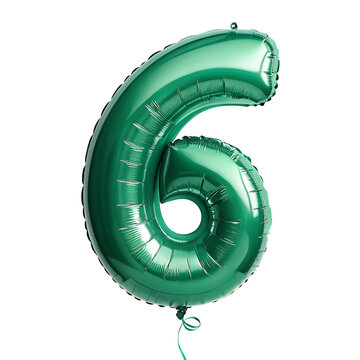 A balloon shaped like the number 6,emerald green metallic finish with realistic reflections and smooth texture.