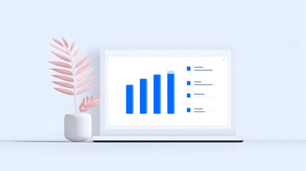 Poster - Business Growth: A modern laptop displays a vibrant blue bar graph illustrating growth amidst a clean, minimalist setting, perfect for conveying financial progress.