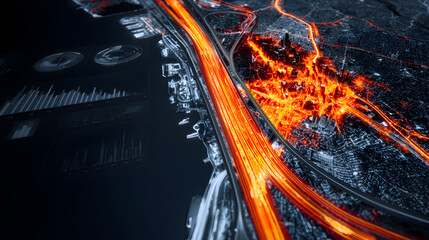 Poster - City Traffic Flow Visualization: Abstract depiction of city traffic, with illuminated streaks representing the flow of vehicles. The dynamic patterns and vibrant colors evoke energy and movement.