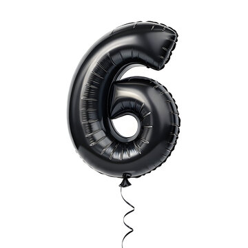 A balloon shaped like the number 6,matte black metallic finish with realistic reflections and smooth texture.