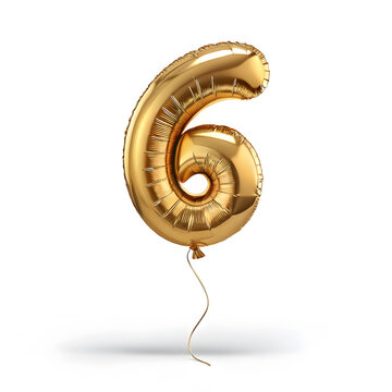 A balloon shaped like the number 6,gold metallic finish with realistic reflections and smooth texture.