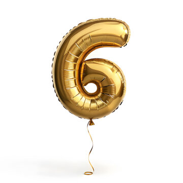 A balloon shaped like the number 6,gold metallic finish with realistic reflections and smooth texture.