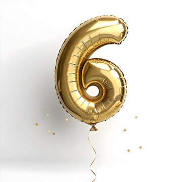 A balloon shaped like the number 6,gold metallic finish with realistic reflections and smooth texture.