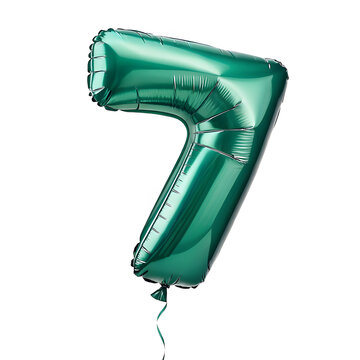 A balloon shaped like the number 7,emerald green metallic finish with realistic reflections and smooth texture.