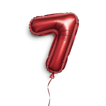 A balloon shaped like the number 7,glossy red metallic finish with realistic reflections and smooth texture.