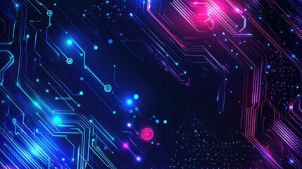 Fototapete - Glowing geometric pattern in neon blue and violet hues set against a dark space creating a modern tech visual with bold cyberpunk flair