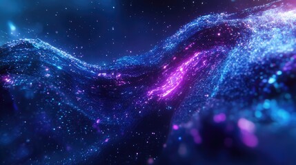 Fototapete - Shimmering digital wave made of radiant particles flowing across a dark blue and purple tech-inspired scene with a sleek futuristic atmosphere