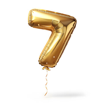 A balloon shaped like the number 7 ,gold metallic finish with realistic reflections and smooth texture.