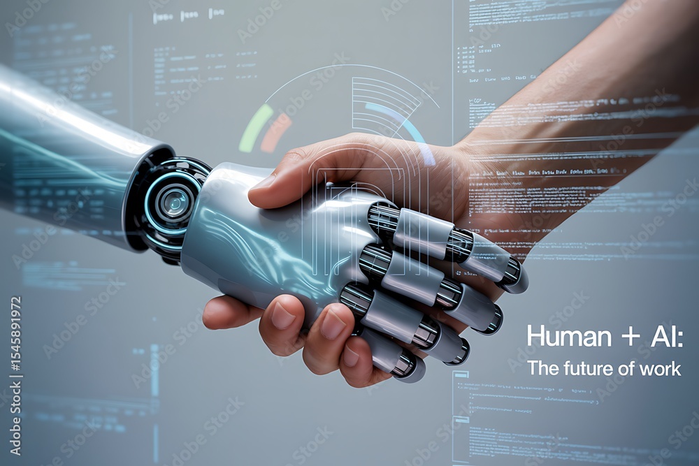 Robotic hand and human hand shaking over a digital interface, symbolizing human-AI collaboration in business, high-tech, clean, symbolic imagery