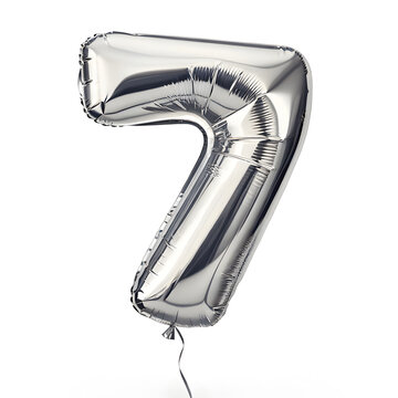 A balloon shaped like the number 7 ,silver metallic finish with realistic reflections and smooth texture.