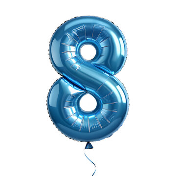 A balloon shaped like the number 8, chrome blue metallic finish with realistic reflections and smooth texture.