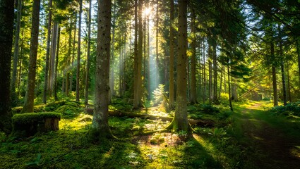  Sunlit path through lush green mossy forest